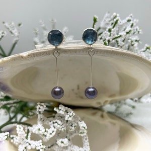 Black Pearl and Teal Kyanite Dangle Earrings