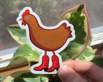Pegatina de pollo con botas de vaquero