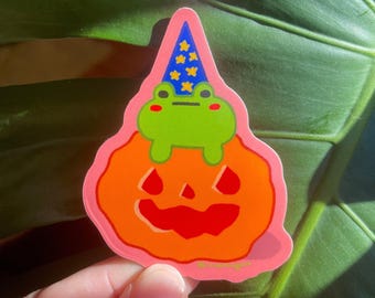 Pegatina de calabaza de mago rana: calcomanía impermeable de Halloween