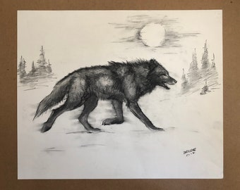 Original charcoal drawing - Black wolf in motion - 14x18