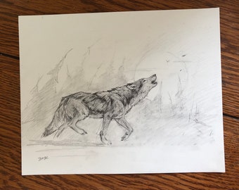 Original howling wolf in wilderness Pencil Drawing - 8x10
