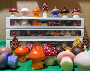 May include: A collection of mushroom-shaped candles in various colours, including red, white, brown, and orange. The candles are arranged in three rows in a white box with clear glass panels. The candles are all different sizes and shapes, and some have white dots on them.