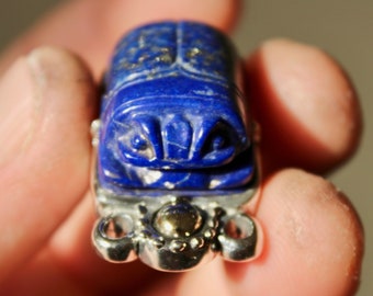 Pendant in silver and Lapis Lazuli Beetle with gold sun. EGYPTIAN SCARAB KHEPRI