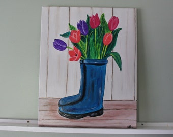 Tulips in Rain Boots 16x20 Acrylic Painting on Canvas