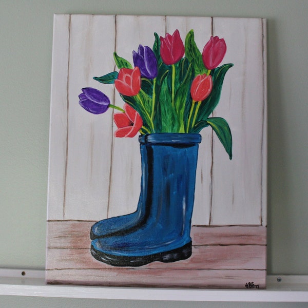 Tulips in Rain Boots 16x20 Acrylic Painting on Canvas