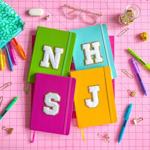 Personalized chenille patch journal: glitter varsity letter, preppy | lined, dot grid, or blank paper