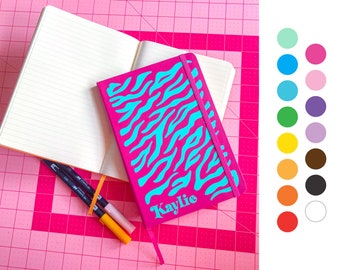 PERSONALIZED vegan leather tiger print colorful journal notebook, journal, note taking, diary, goal setting, lined dot grid blank