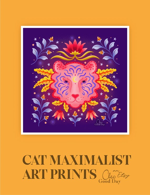Maximalist Decor Jungle Cat Wall Art Print Pink Tiger Floral Etsy