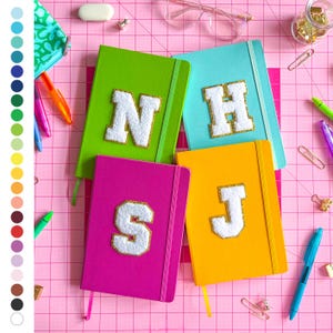 PERSONALIZED chenille patch glitter monogram preppy varsity letter, colorful journal diary, drawing back to school, lined dot grid blank