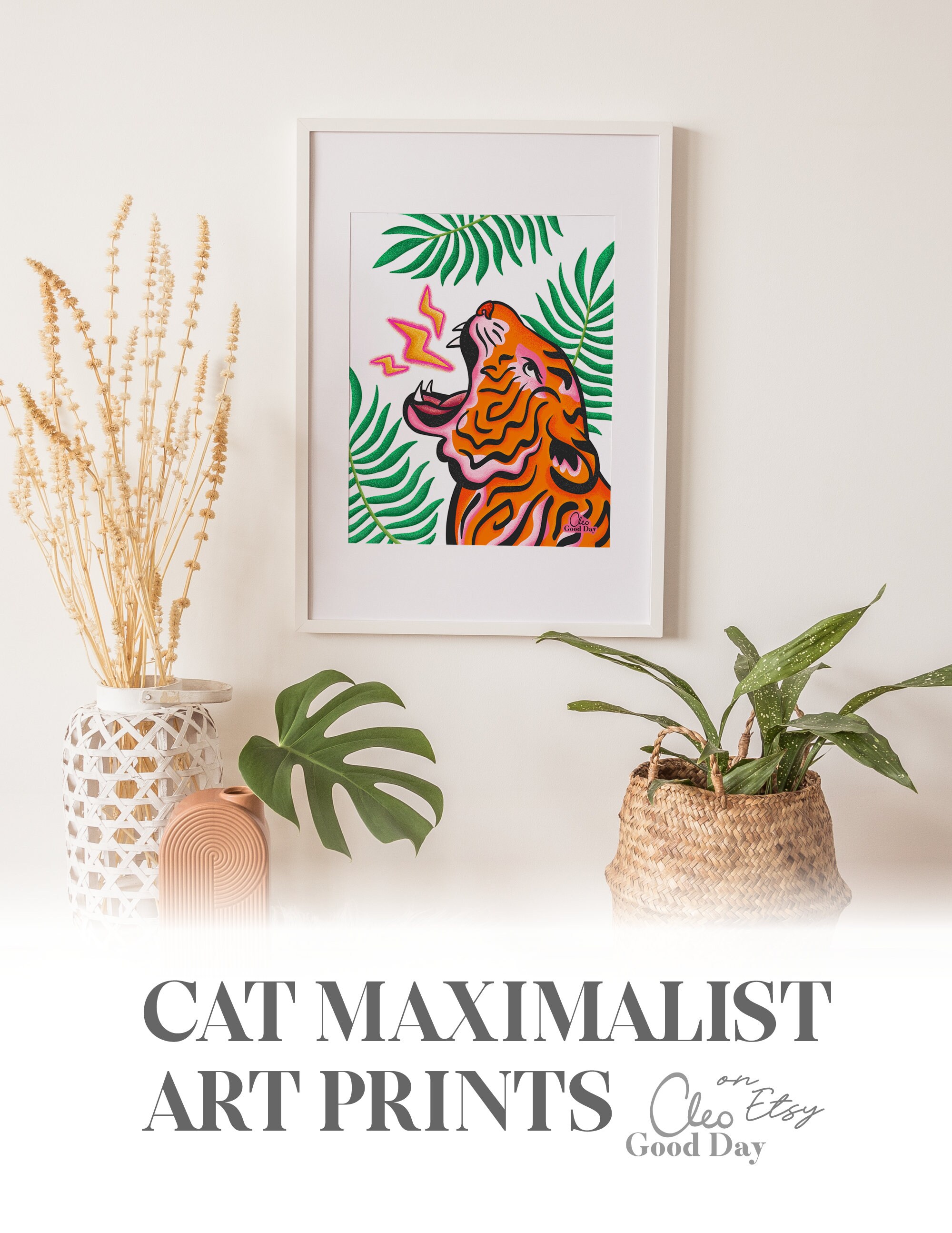 Jungle Cat Wall Art Print Pink Tiger Botanical Colorful Wall Etsy