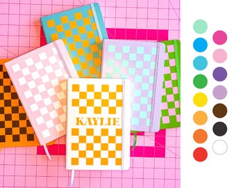 PERSONALIZED retro checkerboard colorful journal diary, drawing, affirmations, goal setting maximalist design, lined dotted blank