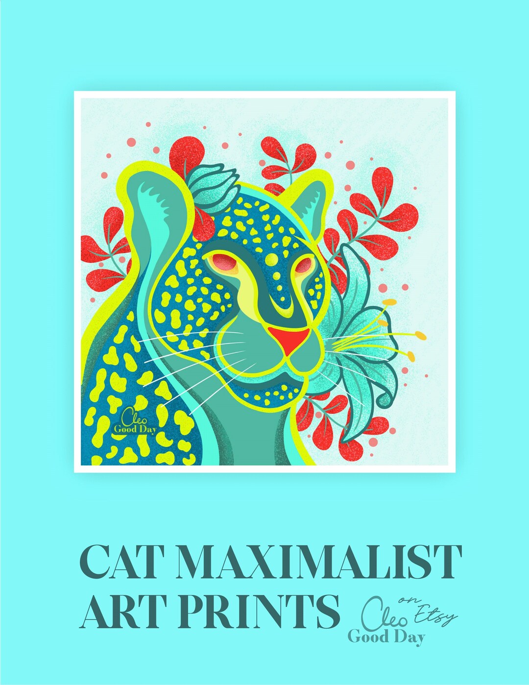 Jungle Cat Wall Art Print Neon Floral Leopard Colorful Wall Etsy