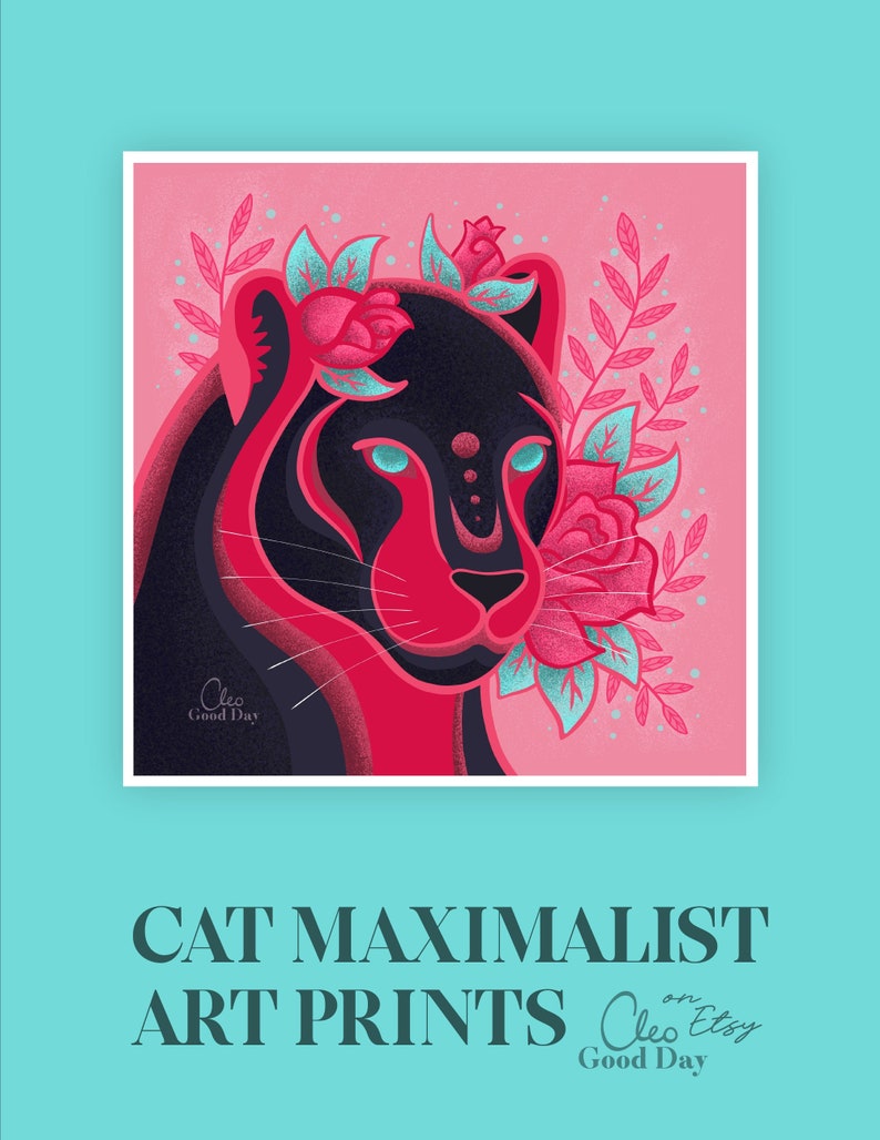 Featured image of a colorful dark purple panther with florals surrounding him. The colors used are dark purple, pinks, magentas, and sky blue. A large caption text "Cat Maximalist Art Prints."