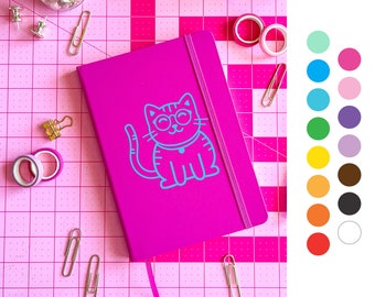 CUSTOM Nerdy Kitty, Nerd Core, Cat Lady, glasses colorful journal diary, drawing, goal setting, maximalist design, lined dot grid blank