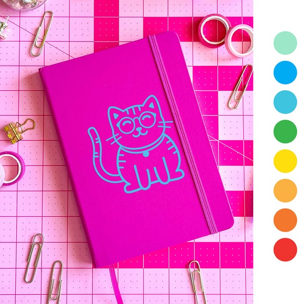 CUSTOM Nerdy Kitty, Nerd Core, Cat Lady, glasses colorful journal diary, drawing, goal setting, maximalist design, lined dot grid blank