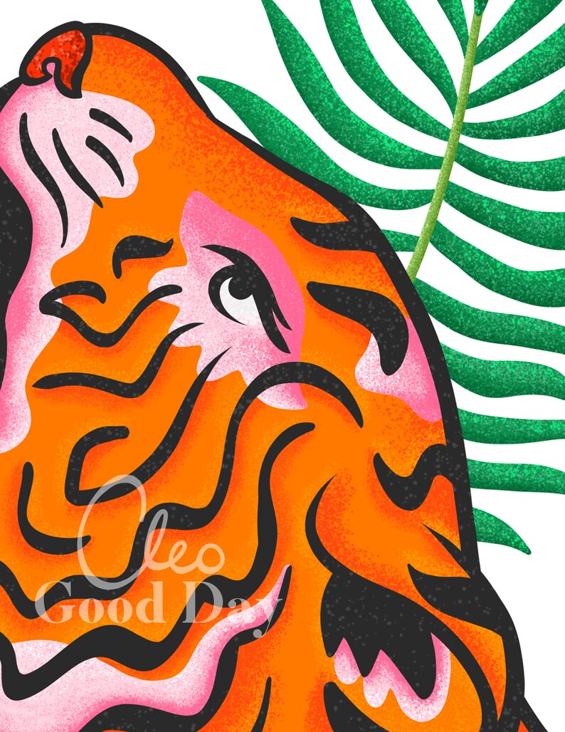 Jungle Cat Wall Art Print Pink Tiger Botanical Colorful Wall Etsy