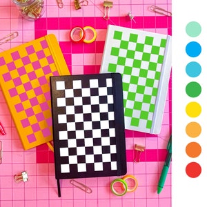 CUSTOM checkered flag design, racing theme, checkered colorful journal diary, drawing, goal setting, maximalist design, lined dot grid blank image 1