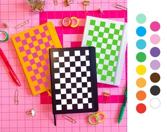 CUSTOM checkered flag design, racing theme, checkered colorful journal diary, drawing, goal setting, maximalist design, lined dot grid blank
