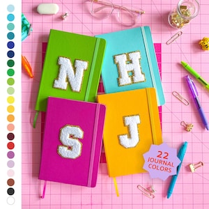 Personalized chenille patch journal: glitter varsity letter, preppy | lined, dot grid, or blank paper