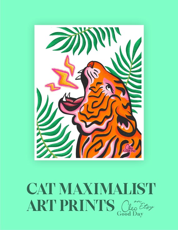 Jungle Cat Wall Art Print Pink Tiger Botanical Colorful Wall Etsy