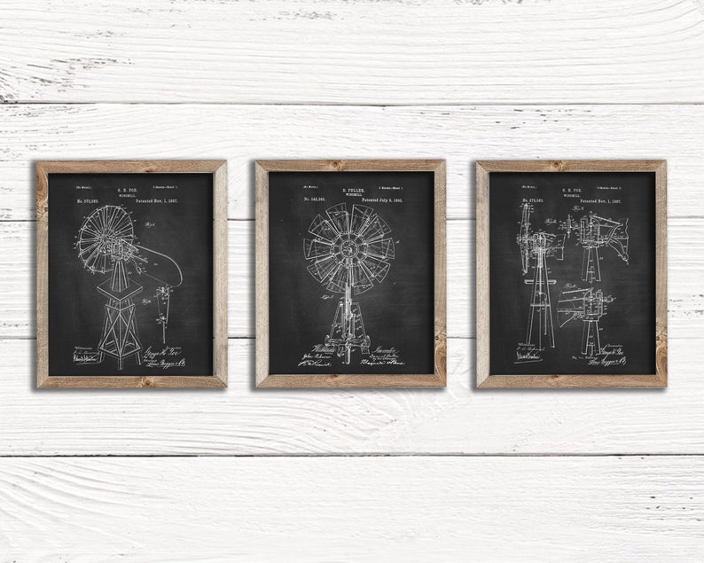 Windmill Patent Vintage Chalkboard Prints Set of 3 Vintage Patent Art Decor Farmhouse Patent Digital Printable Art image 1