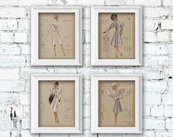 Bocetos de moda de pasarela vintage / Conjunto de 4 - Decoración de arte de bocetos de moda vintage - Arte imprimible digital