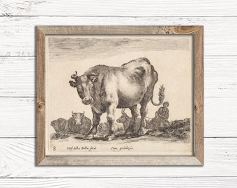 Vintage Sketch of Cow in Field | Singular Print - Vintage Cow Art Decor - Vintage Sketch Digital Printable Art