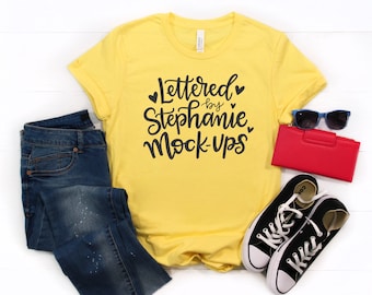 Bella canvas yellow t-shirt mockup, unisex shirt mock up tshirt mock-up modern shirt mockup, bella canvas mockup, white wood background