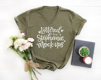 Download Free V-neck | Military Green | Next Level Shirt Mockup | T-Shirt Mock Up | Womens Flat Lay | Stock photo | Graphic Tee Flat Lay PSD Template