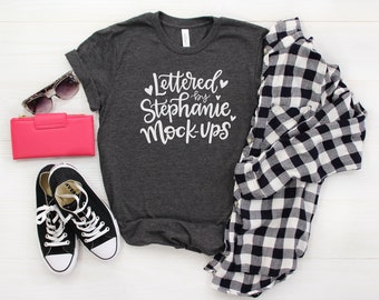 Download Free Bella Canvas 3001 Dark Gray Heather | T-Shirt Mock Up | Shirt Flat Lay | Womens Mockup | Mom mockup | Pink | Black | Graphic Tee Flat Lay PSD Template
