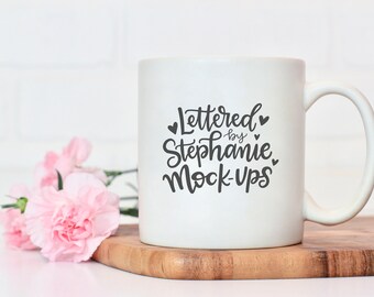 Download Free White mug mockup | photo of mug | stock photo | styled mug photo | sublimation mug | pink | pink flowers | stock photo | mug mockup PSD Template