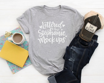 Download Free T Shirt Mock Up No Tag Mom Flat Lay Coffee Womens Gray PSD Mockup Template