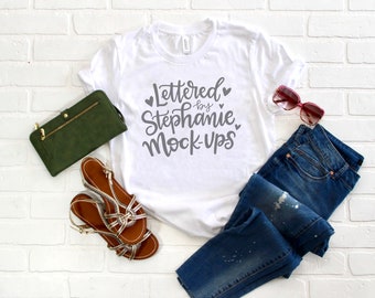 Download Free Bella Canvas 3001 Solid White | T-Shirt Mock Up | Feminine Flat Lay | Womens | Ladies Flat lay | Shirt Mockup | Graphic Tee Flat Lay PSD Template