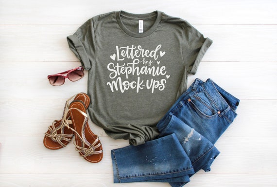 Bella Canvas 3001 Heather Military Green T Shirt Mock Up Etsy