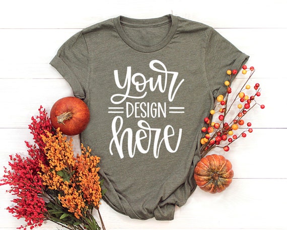Download Crew Neck Heather Military Green T Shirt Mock Up Fall Etsy
