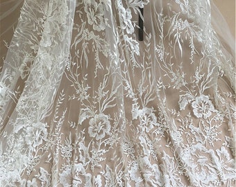 Floral Embroidered Tulle Lace Fabric: Off-White Wedding Dress Material