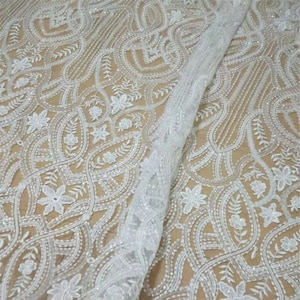 Elegant Sequin Lace Fabric: Off-White Tulle Embroidery, Bridal Wedding Dress Veil