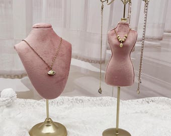 Pink Suede Necklace Bust Display: Gold Plated Jewelry Stand