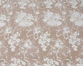 Off White Flower Lace Fabric: Corded Sequin Embroidery, Bridal Wedding Gown Lace By The Yard