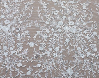 Stof met 3D-bloemenkant: kralen pailletten, couture bruidskant