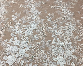 Floral Sequin Lace Fabric: Off White Tulle, Wedding Dress Lace By Yard