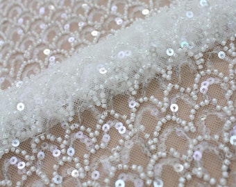 3D Beaded Lace Fabric for Wedding Dress, Heavy Beaded Lace Bridal Gown, Transparent Sequin Lace Beaded Lace Fabric By The Yard