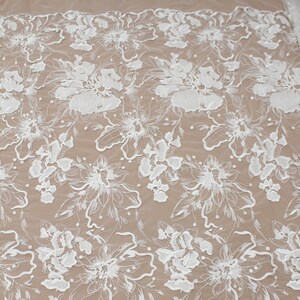 Off White Flower Lace Fabric: Corded Sequin Embroidery, Bridal Wedding Gown Lace By The Yard