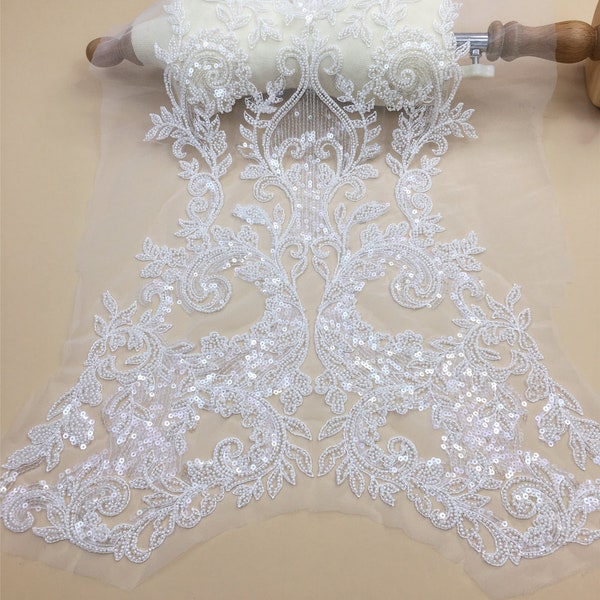 Heavy 3D Beaded Lace Applique Wedding Dress Patch Bridal Bodice Lace Embroidery Lace Sequin Lace Applique By The Piece