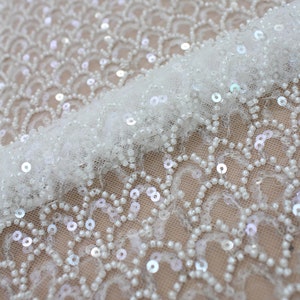 3D Beaded Sequin Lace Fabric: Off-White Bridal Gown Lace By The Yard