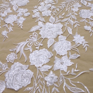 Tulle Embroidery Lace Fabric: Off-White Floral Bridal Gown Lace