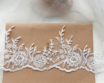 Unique Alencon Lace Trim, Soft Corded Bridal Lace Trim, Tulle Scalloped Guipure Lace Trim for Wedding Dress