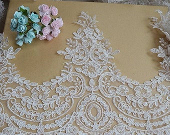 Alencon Embroidery Lace Trim,  French Guipure Lace Trim, Tulle Bridal Veil Lace Trim, Corded Wedding Lace Trim