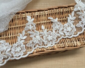 Exquisite Alencon Lace Trim, Corded Guipure Lace Trim, Tulle Embroidery Lace Trim For Bridal Dress, Sell By The Yard