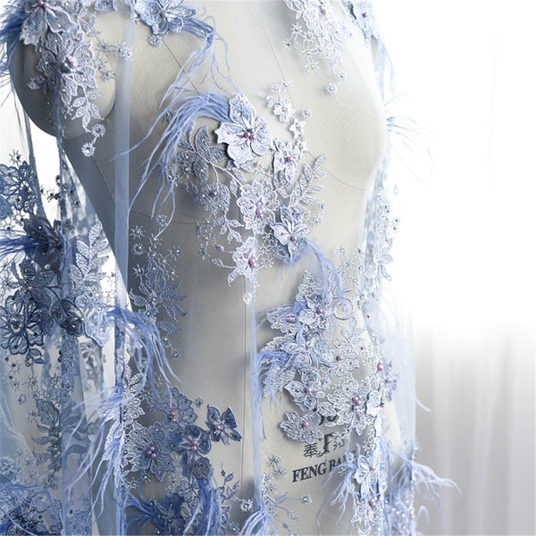 Exquisite 3D Feather Lace Fabric, 3D Beaded Pearls Lace Fabric, 3D Flower Rhinestone Lace Fabric for Prom\ Party Dress